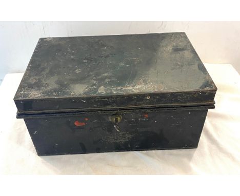 Vintage metal deeds box with key by Chubb and Son, approximate measurements: Height 6.5 inches, Width 15 inches, Depth 10 inc