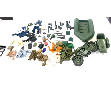 Selection of vintage action man clothing and accessories to include dingy boat, motor bike and side car 