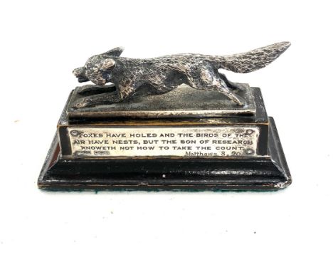 Antique vintage fox trophy mascot, the plinth with sterling silver plaques with religious verses, hallmark for Sheffield 1936