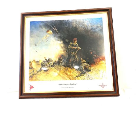 Framed print "the Paras are landing" by Terance Cuneo measures approx 20 inches tall 22.5inches wide