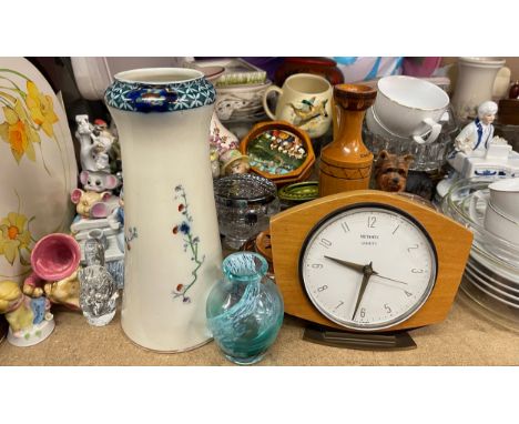 Large selection of miscellaneous pottery and glassware to also include oriental style vase, metamec mantel clock 