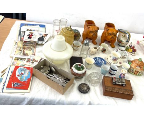 Selection of miscellaneous to include pottery, glassware, light shades, cigarette box, silver plated pieces etc 