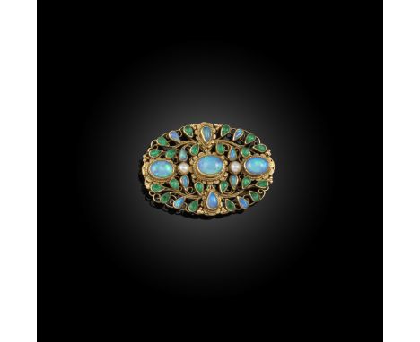 Arthur and Georgie Gaskin, an Arts &amp; Crafts opal and&nbsp;green paste&nbsp;brooch, of pierced oval form set with opals, s