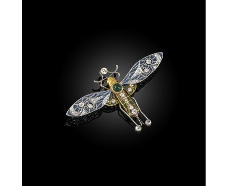 An Art Nouveau dragonfly brooch, realistically formed with plique-á-jour enamel wings and body set with diamonds, with ruby e