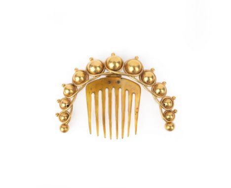 λ A gilt metal and tortoiseshell hair ornament, mid 19th century, the headband designed as coiled wire enclosing spherical mo