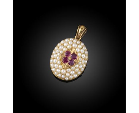 A late 19th century ruby and pearl locket pendant, set with a cluster of four rubies within a gold lozenge, within pave-set p