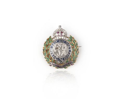 A fine gem-set Regimental brooch, late 1930s, for the Royal Engineers, enclosing the cipher of King George VI (r.1936-1952), 