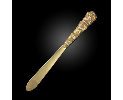 A whimsical gold paper-knife, mid 18th century, the shaped tapering handle decorated in the Rococo manner with enamel birds, 