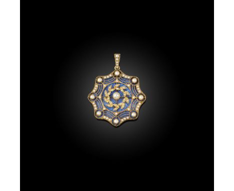 Rood, an early 20th century pearl and enamel pendant, set with a pearl laurel wreath within a stylised web of pearls on blue 