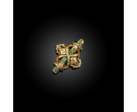 An emerald and diamond brooch, mid 19th century, of cross-shaped outline, with scroll and chain link details, set with lines 