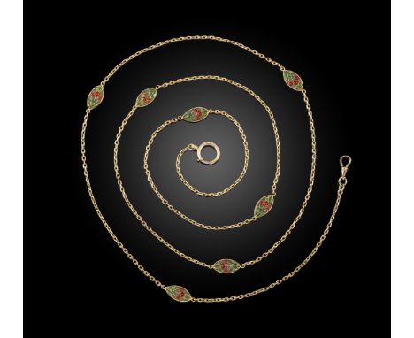 An early 20th century enamel long guard chain, the oval-link chain set with seven plique-á-jour and guilloche enamel panels d