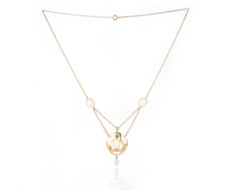 Murrle Bennett, an Arts &amp; Crafts gold, opal, chrysoberyl and pearl necklace, early 20th century, the circular openwork pe