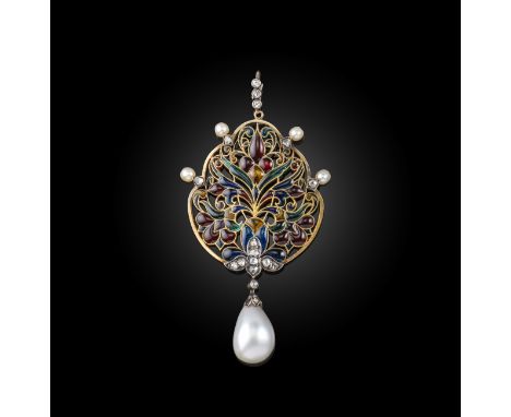 A late 19th century enamel and pearl pendant, the stylised leaf-form pendant decorated with plique-á-jour polychrome enamel i