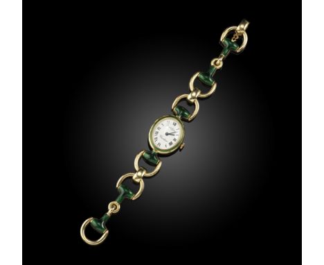 Beuche Girod for Cartier, a lady's gold and enamel wristwatch, 1970s, the oval white dial with black Roman numeral indicators
