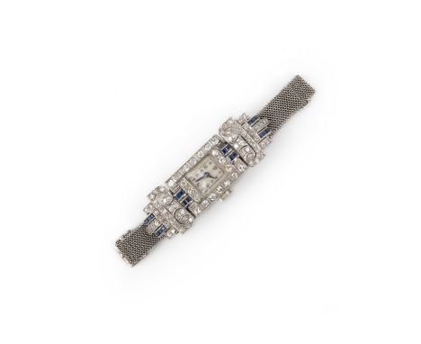 A lady's Art Deco sapphire and diamond cocktail watch, 1920s, the rectangular silvered dial with black enamel indicators and 