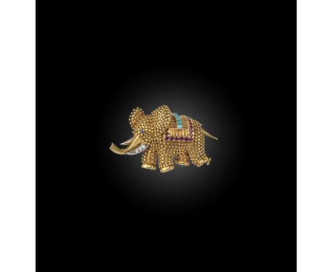 Jacques Lacloche, a gold, ruby, turquoise and diamond brooch, mid 20th century, designed as an elephant in textured gold, its
