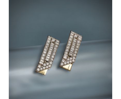 Van Cleef &amp; Arpels, a rare pair of Art Deco diamond hair clips, 1930s, each of rectangular form with one end cut diagonal