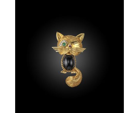 Van Cleef &amp; Arpels, an onyx, ruby, emerald and diamond brooch, 'Chat Malicieux', circa 1959, designed as a winking cat, i