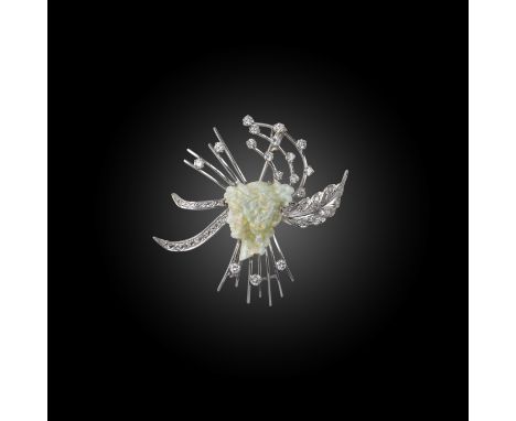 An opal cameo and diamond brooch, centring on an opal carved to despict a classical woman in profile, to an abstract foliate 