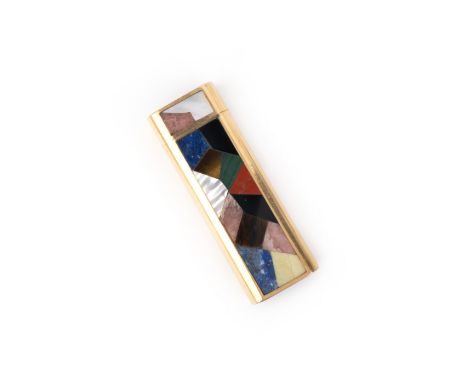Cartier, a base metal lighter, inlaid with various hardstones to each side, length 7.1cm