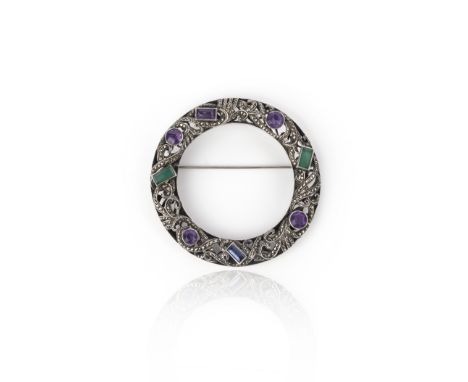 An Arts &amp; Crafts silver, gem-set and marcasite brooch, early 20th century, of annular design, the open work brooch compos