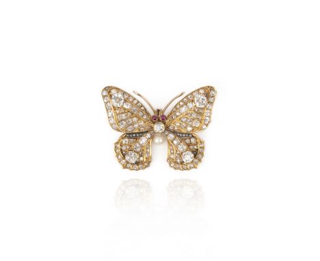 A late Victorian diamond butterfly brooch, set overall with diamonds, with ruby eyes and a pearl body in yellow gold, width 4