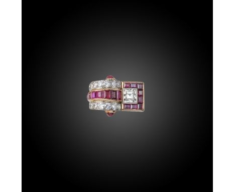 A ruby and diamond dress ring, C1940, set with a square diamond within calibre-cut ruby surround and a graduated ruby and dia