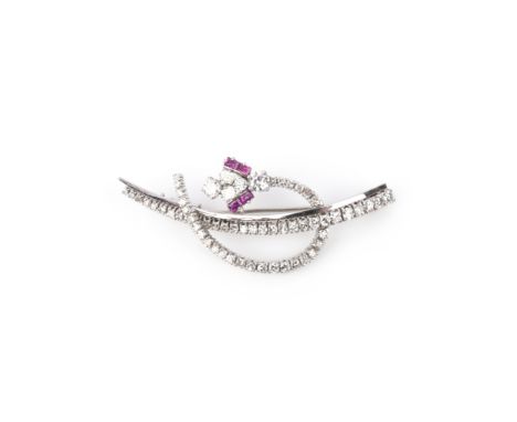 A ruby and diamond brooch, 1960s, designed as an abstract floral spray, set with step-cut rubies and circular-cut, single-cut