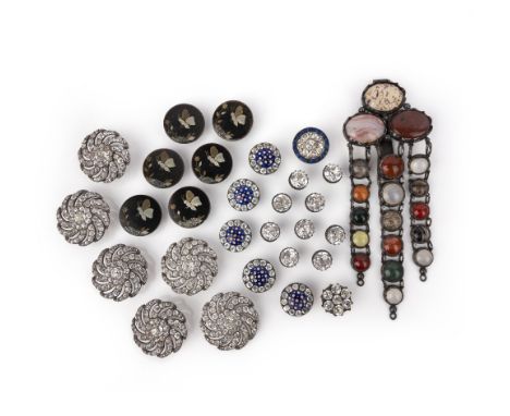 Four sets of buttons and a hardstone chatelaine, 19th century, comprising: a set of six lacquered buttons, inlaid with gold, 