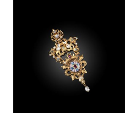 A late 18th century enamel, diamond and pearl pendant, of pierced scrolling design, set with table-cut and rose-cut diamonds 