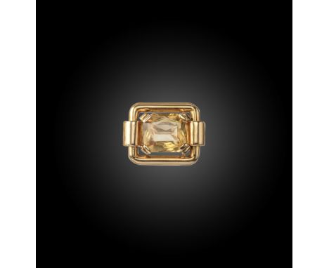 A Retro French citrine ring, the step-cut citrine within gold border and scrolling gold shoulders, with maker's lozenge and F