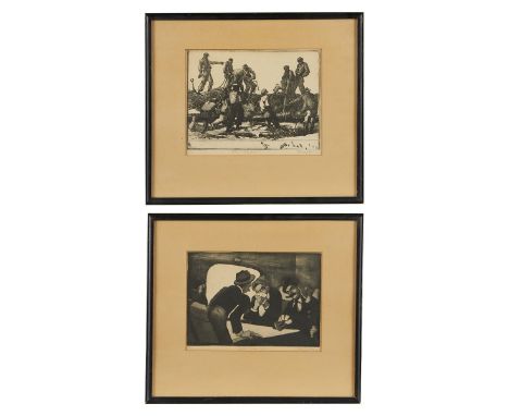 Eric Wenstrand (American, 20th c). Group of two etchings including:One titled "W.P.A. Hand At It," depicting a group of indiv