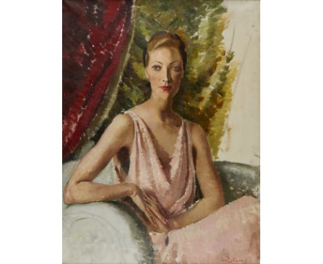 Doris Clare Zinkeisen (Scottish, 1898-1991). Oil on canvas portrait painting of a woman in a elegantly draped pink gown. Sign