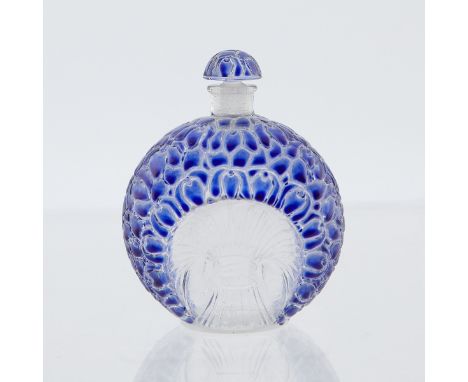 R. Lalique for Gabilla, France. Enameled glass "La Violette" perfume bottle, designed in 1925. Molded "R. Lalique Made in Fra