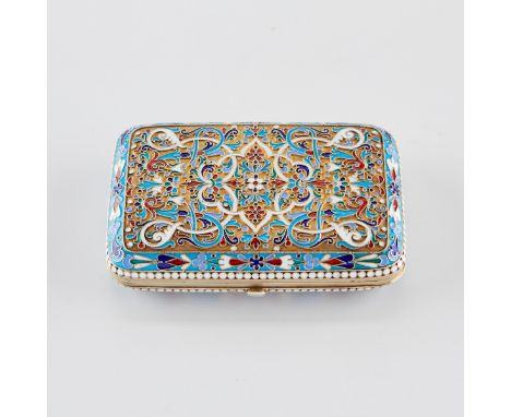Russian silver gilt and enamel case. Decorated throughout with graceful scrolling enamels in shades of blue, white, and red. 