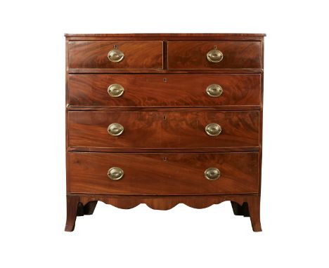 Federal bow front chest of drawers, with a flat bow-front top over two-over-three graduated and dovetailed drawers. Raised on