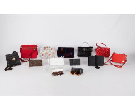 Group of 13 designer handbags and sunglasses including: one pair of Judith Leiber sunglasses with case; one pair of Christian