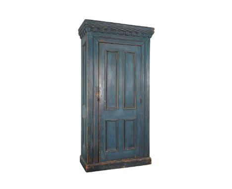 American pine wood federal style cupboard, likely New England, ca. 1800-1820. Painted with a blue enamel finish. Of rectangul