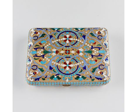 Russian silver gilt and enamel case. Decorated throughout with graceful scrolling enamels in shades of blue, white, green, an