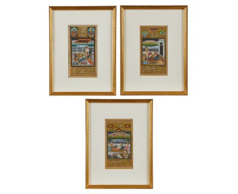 Group of three Hindu Indian illuminated manuscript pages. One side painted with an erotic or romantic scene and the other wit