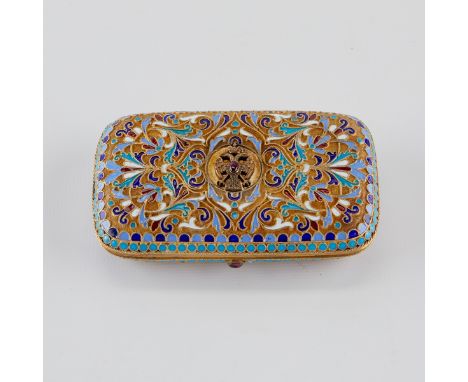 Russian silver gilt and enamel case. Decorated throughout with graceful scrolling enamels in shades of blue, white, and red. 