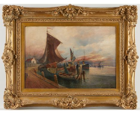 Karl Kaufmann "Leo Perla" (Austrian, 1843-1902). Oil on canvas painting depicting boats in a harbor lit by the evening sun. S