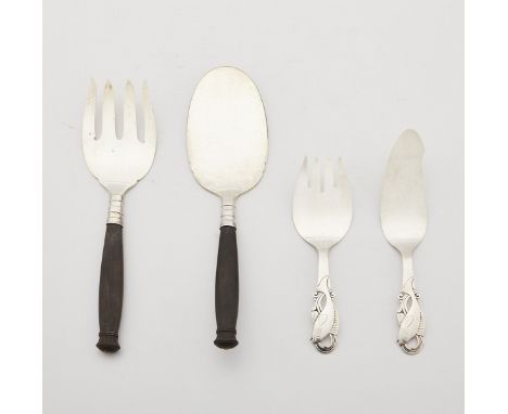 Evald Nielsen, Denmark and Cohr, Denmark. Two pairs of silver serving ware. One sterling silver Mid-century Modern pair by Co