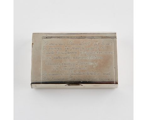 Russian silver case inscribed along the front in French and Cyrillic. Stamped twice along the interior with a Kokoshnik mark 