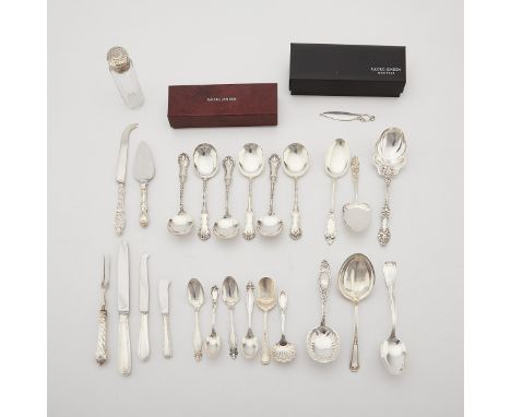 Large group of 25 pieces of silver flatware including: one sterling silver Georg Jensen letter opener, six sterling Roger Wil
