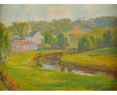Robert Vonnoh (American, 1858-1933). Impressionist oil on canvas laid board painting titled "Village Church," depicting a sma