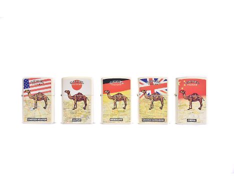 The Camel Filters Zippo Lighter Country series, five lighters with country flag and map including capital city, comprising Un