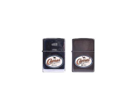 A 1996 Camel Retro Prototype Zippo Lighter, in brushed midnight chrome case, with raised emblem, case dated 1997, with anothe