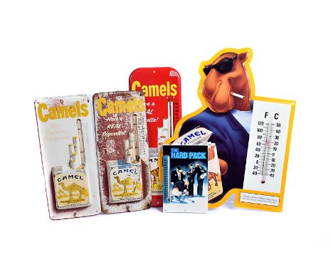 A group of Camel Enamel thermometers, various periods, comprising slogans with cigarette packets, The Hard Pack Joe Camel and