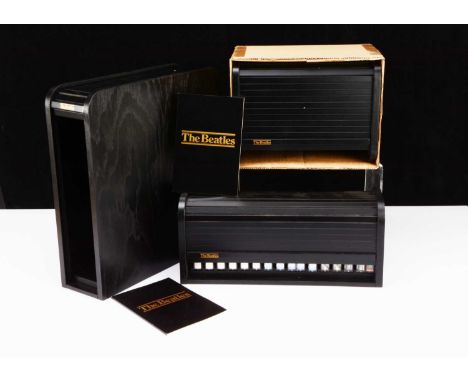 Beatles Box Set Boxes, three empty 'Roller Door' Wooden boxes made to house LP, CD and Cassette Beatles Box Sets comprising B
